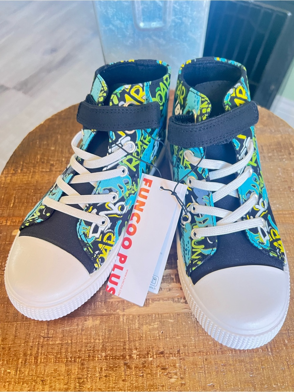 Kids' Blue & Black Dinosaur Print High-Top Sneakers